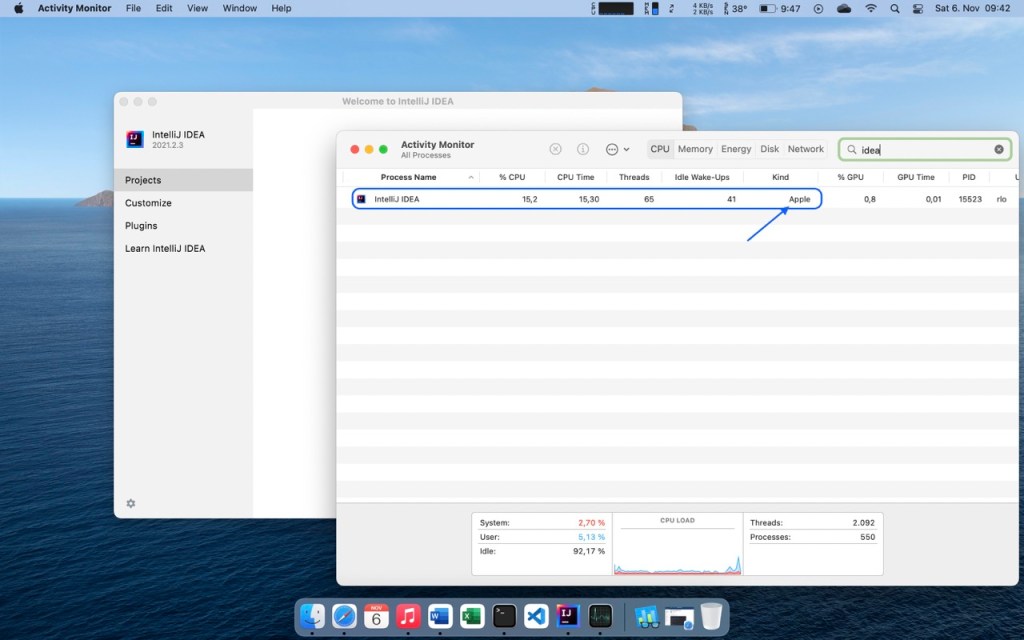 Picture showing IntelliJ IDEA in macOS Activity Monitor running Apple Silicon native.