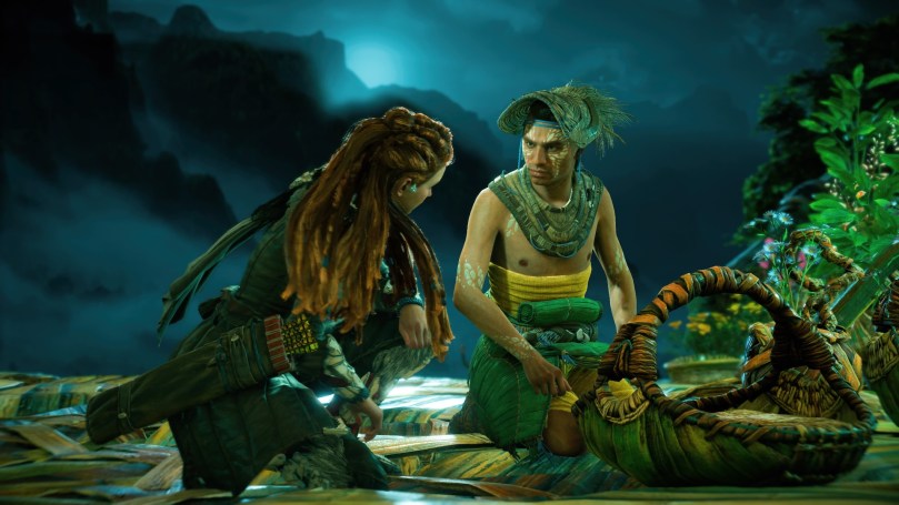 Aloy talking to an Utaru farmer she has helped with a side quest.