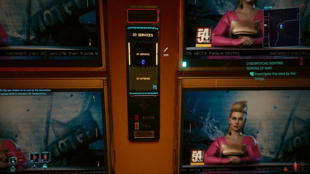 Demonstrating the low resolution of textures on an elevator's control buttons.