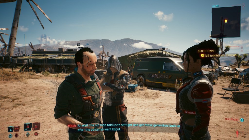 Panam talking to two of her Nomad clan friends in their camp. Cars and tents are visible in the background.