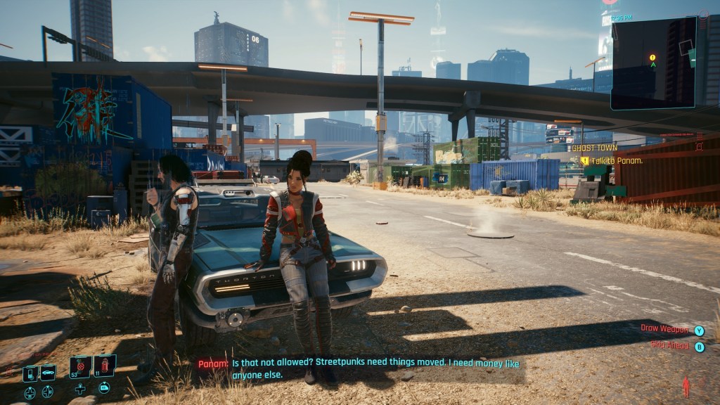 Panam leaning on the front of her muscle car at the side of the road in the outskirts of Night City.