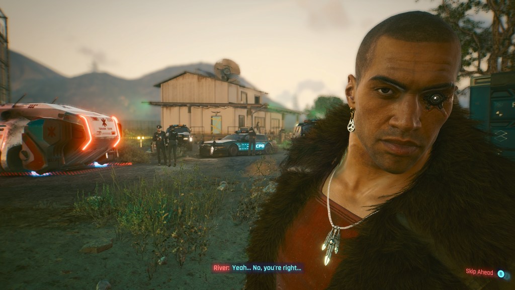 A close-up of River Ward talking to V after a successful mission.