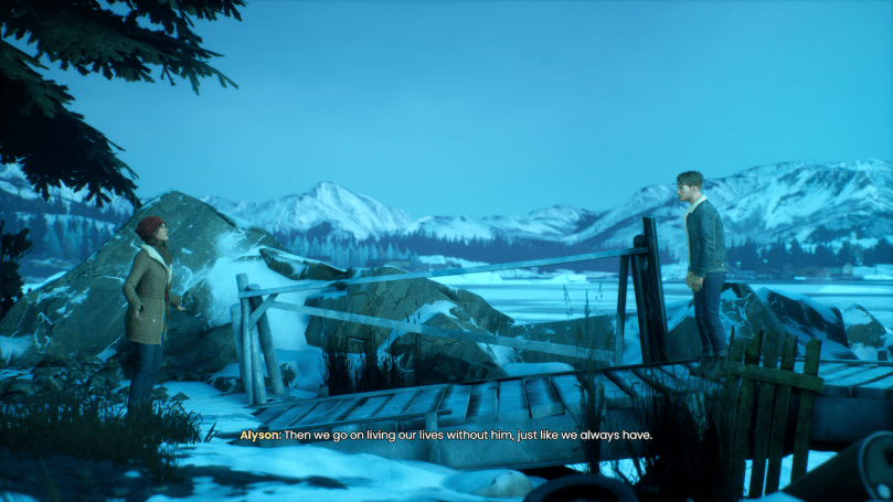 A screenshot of Tell me Why showing the two siblings arguing next to a frozen lake.