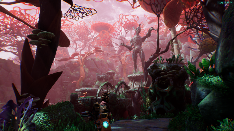 A screenshot of The Gunk showing the colorful alien world to explore.