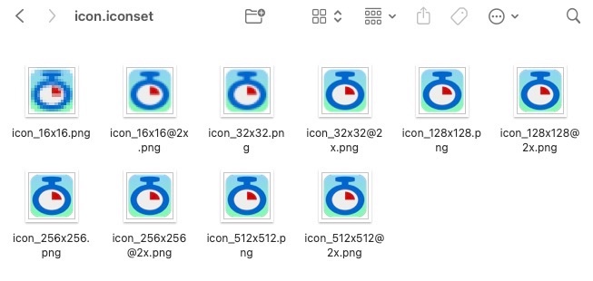 A finder window that shows all the required icon sizes for a macOS ICNS icon file.