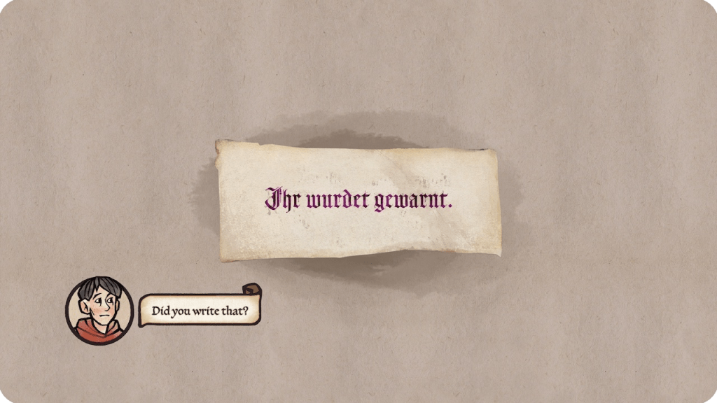 Example of one of the many notes one finds during the game. It shows the German text "Ihr wurdet gewarnt".