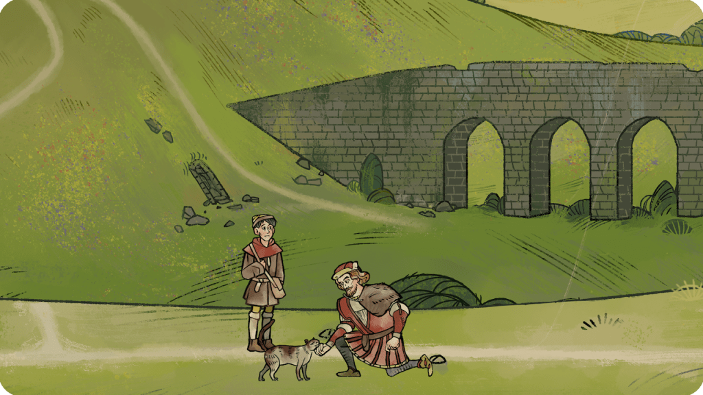 Andreas Maler and his apprentice Caspar in the meadow with Andreas on his knees petting a cat.