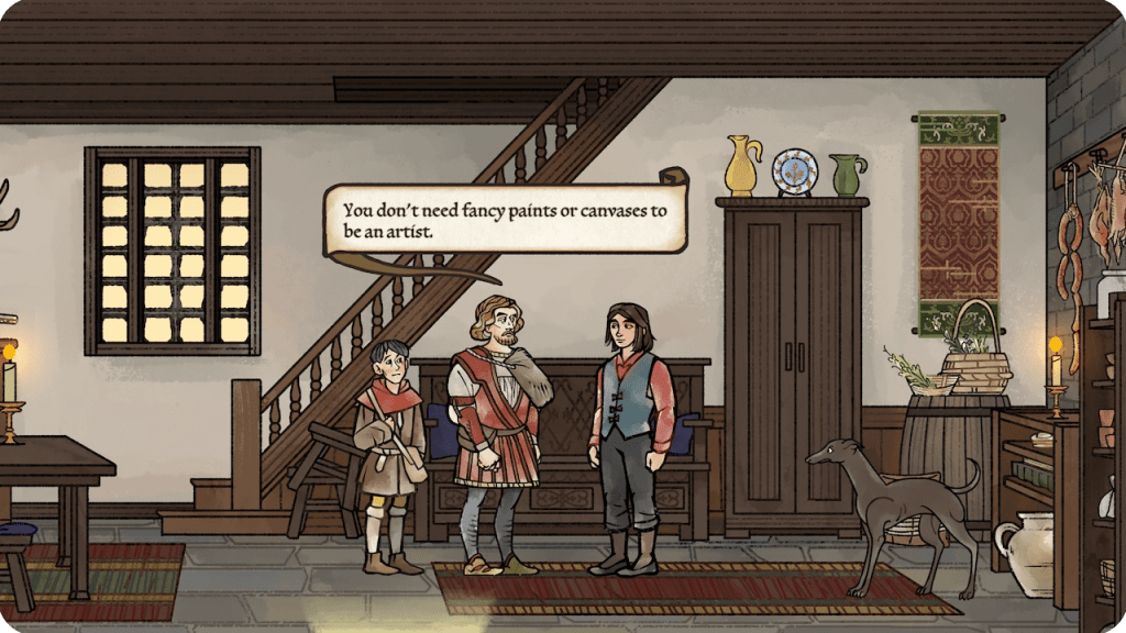 Andreas Maler and his apprentice Caspar inside the Müller house talking to Paul.