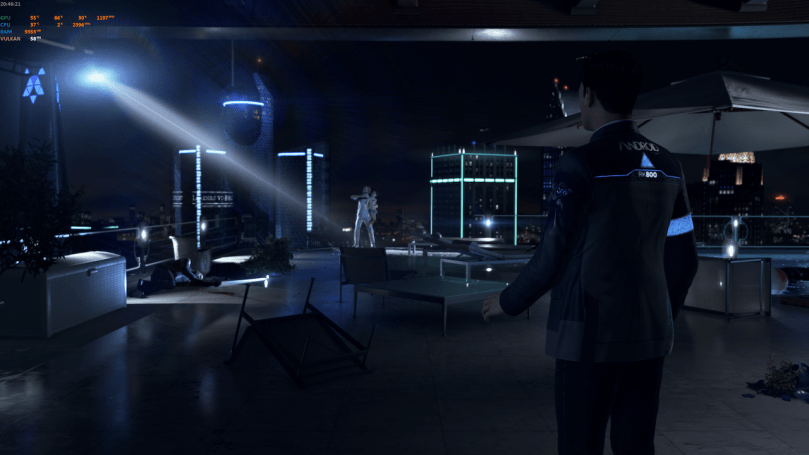 Screenshot with Connor on the terrace of a penthouse apartment staring at an Android with a small child as hostage and a gun to her head on the ledge of the building.