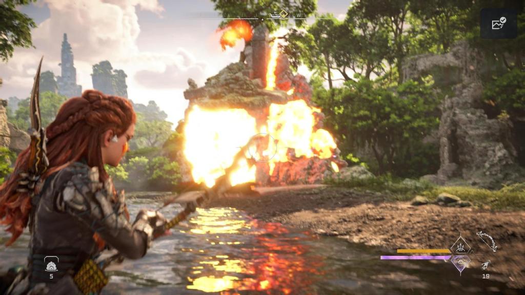 Aloy watching how the unstable Firegleam explodes in a fireball after shooting it.