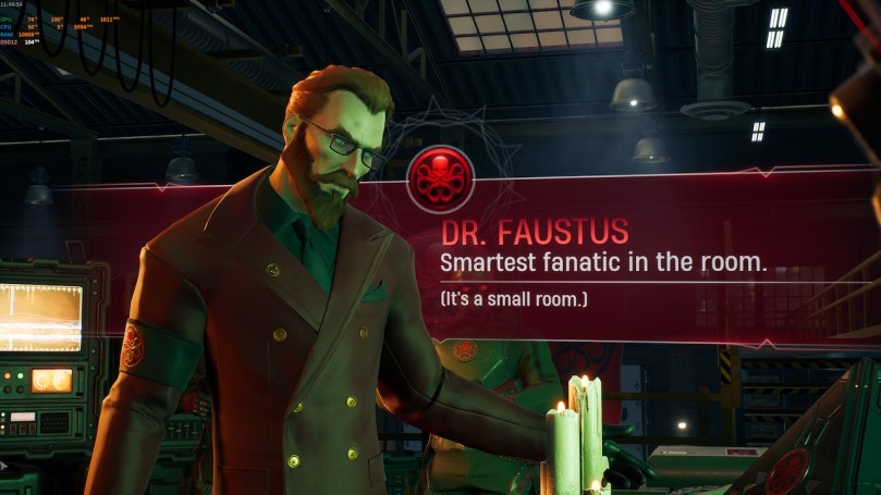 An example of the game's humor that introduces Dr. Faustus with the smirky comment "Smartest fanatic in the room - it's a small room":