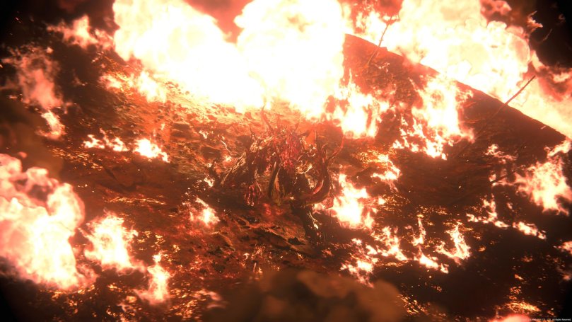 Clive's Eikon Ifrit emerging and burning the ground around him in a spectacular circle of flames.
