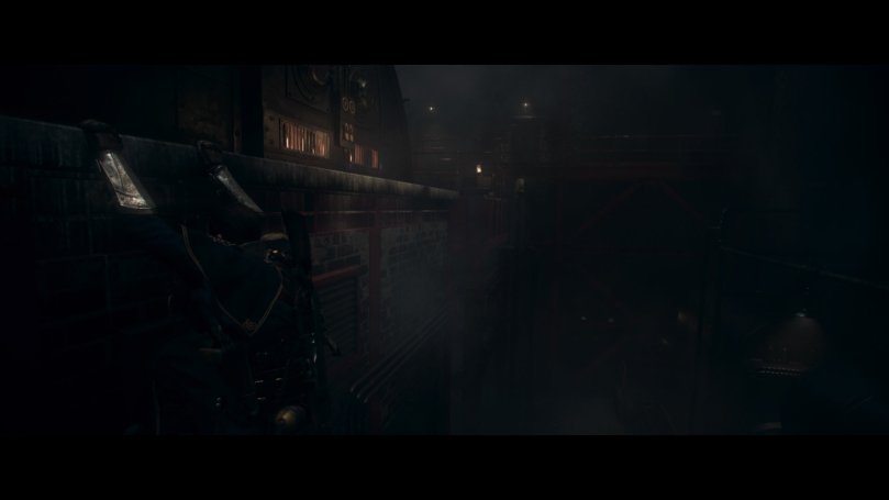 An example of the protagonist climbing on the side of a building like Lara Croft in Tomb Raider. It is the middle of the night and viewing distance is limited. Only lights from building windows illuminate the scene.