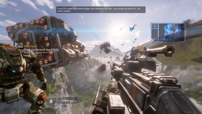 A high-speed spaceship chase just above the surface of a planet where the main hero stands on top of a following ship looking at the targets ahead.