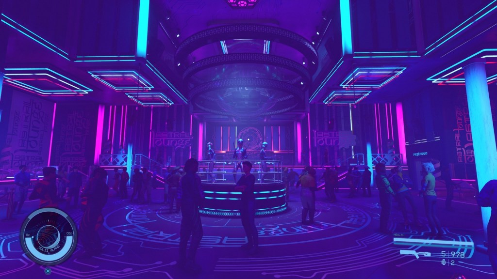 A neon-tinged screenshot inside of the Astral Lounge club on the planet Neon showing people dancing and party.