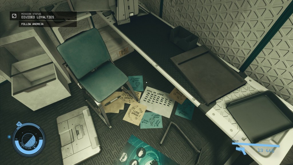 An example of the amount of clutter players can find in Starfield's abandoned research facilities, showing paper, paper trays, and other office furniture and utilities strewn about.