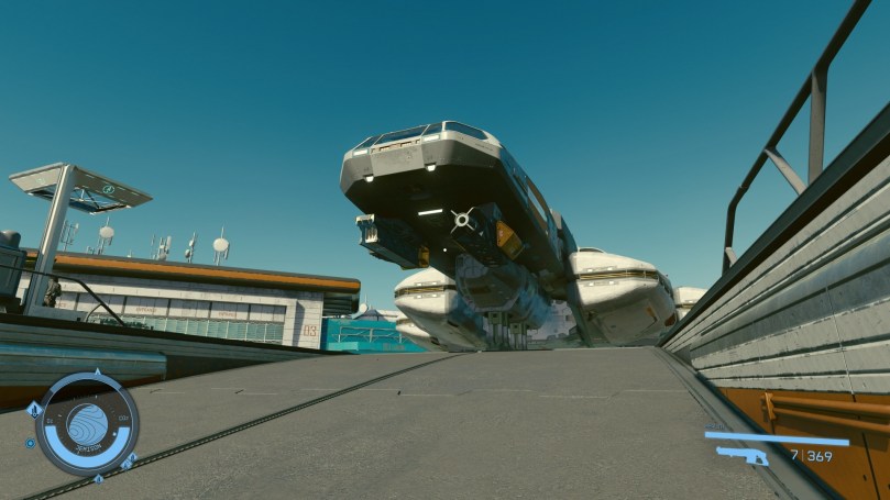 A look at an enormous spaceship in New Atlantis' spaceport to demonstrate the incredible feeling of scale standing next to a spaceship.