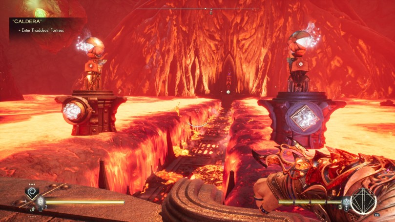 A lava-filled cave where a narrow chasm opened the sea of lava to walk to an entrance across it.