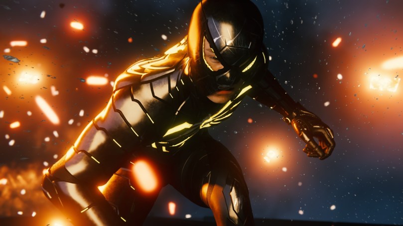 Spider man in a broken dark, futuristic suit surrounded by sparks of explosions.